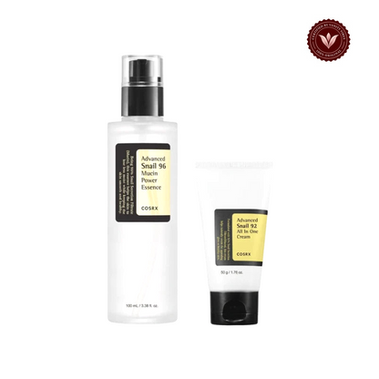 COSRX Advanced Snail 96 Essence and Snail 92 Cream duo on white with Vanity Vibes seal