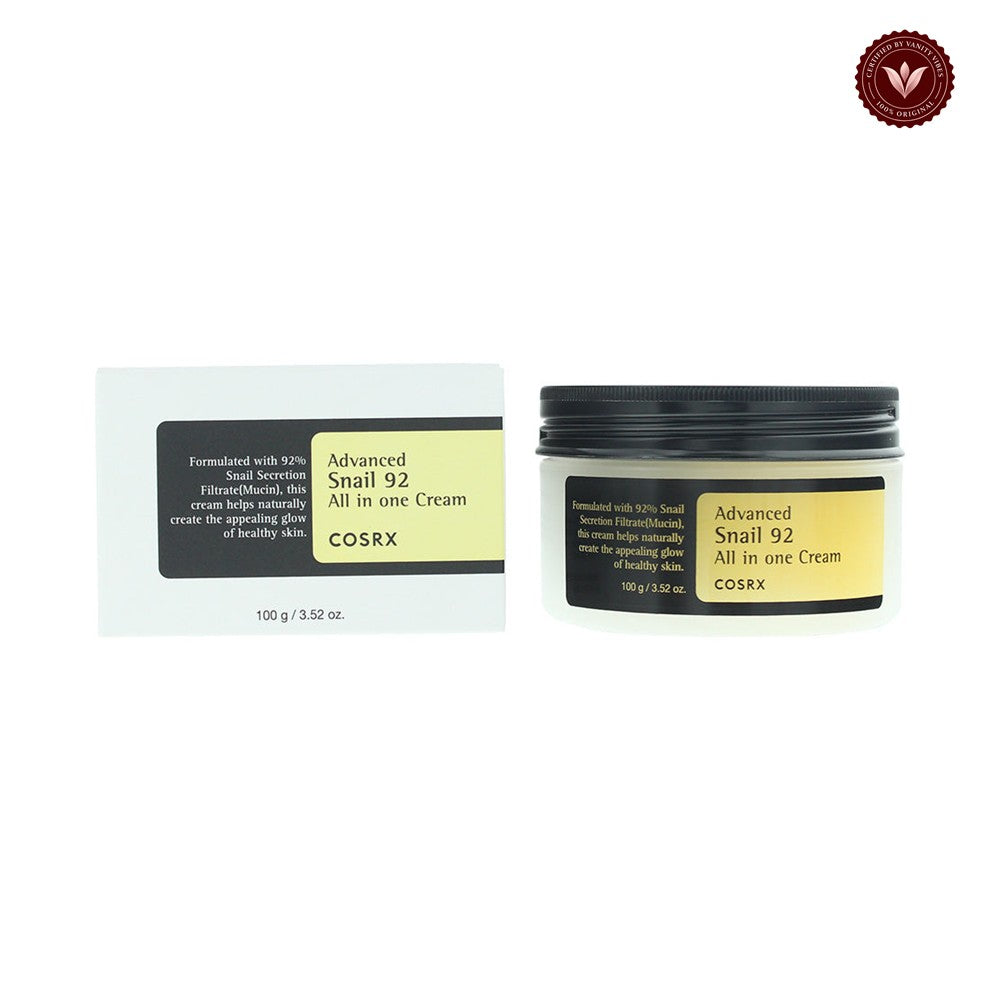 COSRX Advanced Snail 92 All In One Cream 100g jar and box on white with Vanity Vibes badge