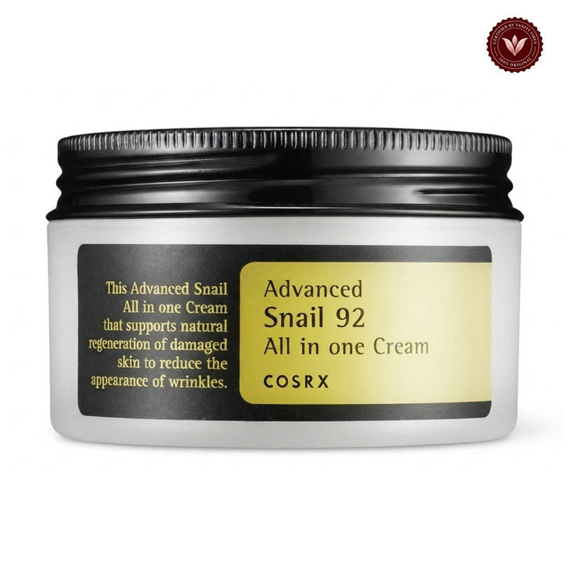 COSRX Advanced Snail 92 All In One Cream 100g jar on white with Vanity Vibes badge