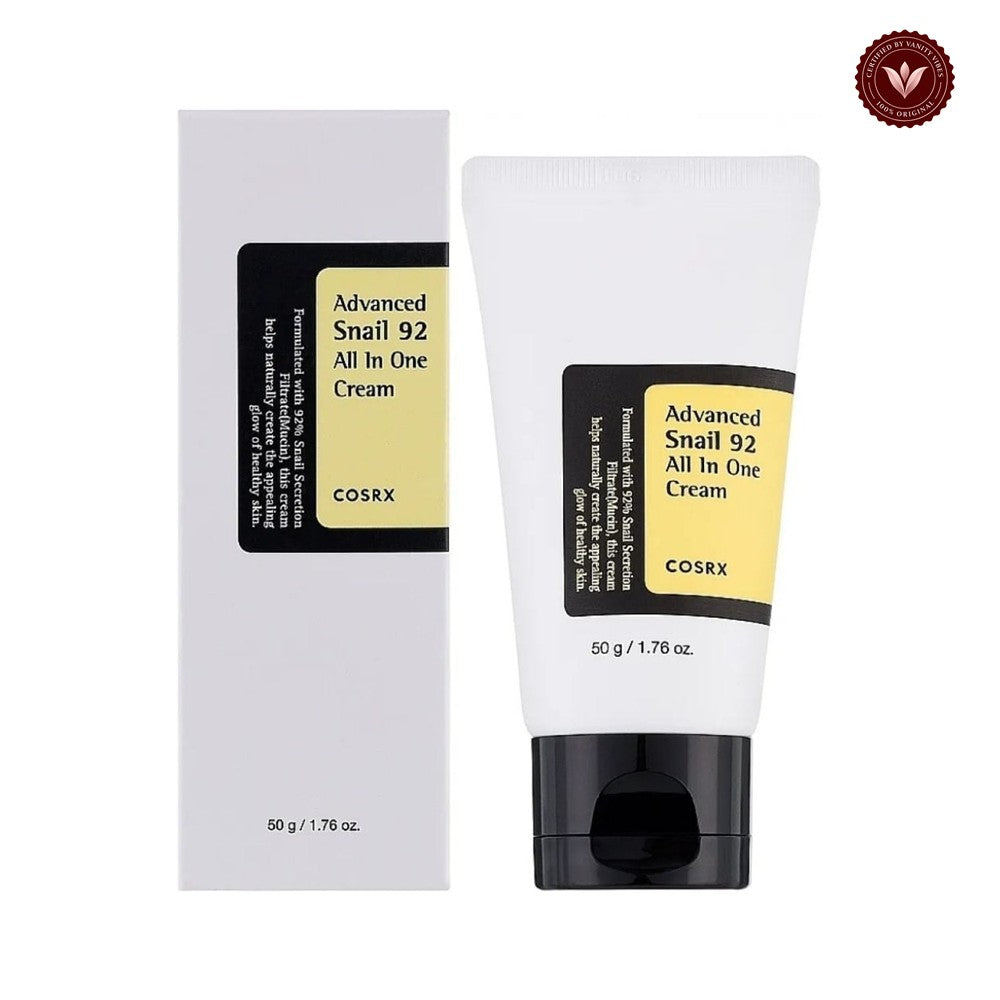 COSRX Advanced Snail 92 All In One Cream 50g tube and box on white with Vanity Vibes badge