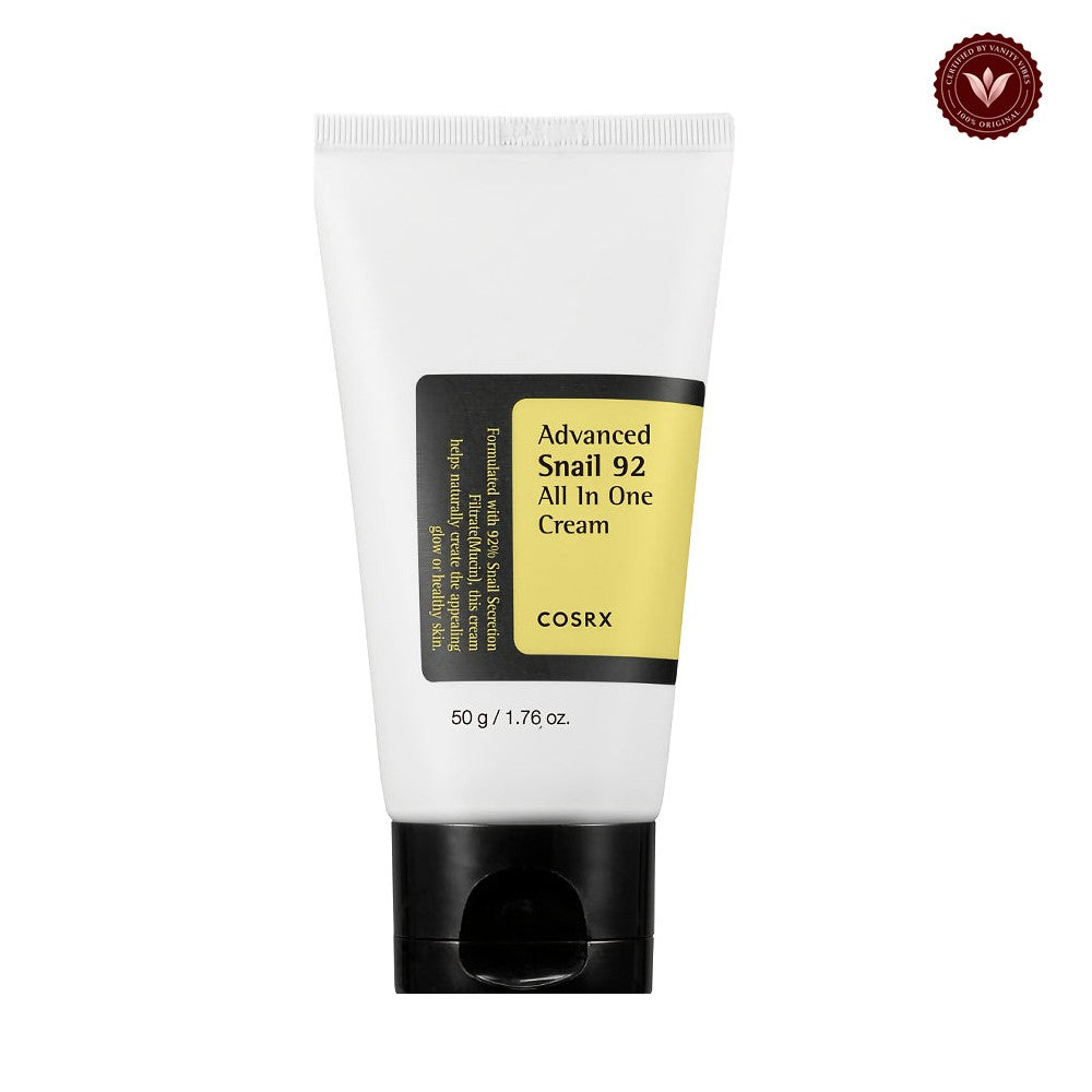 COSRX Advanced Snail 92 All In One Cream 50g tube on white with Vanity Vibes badge