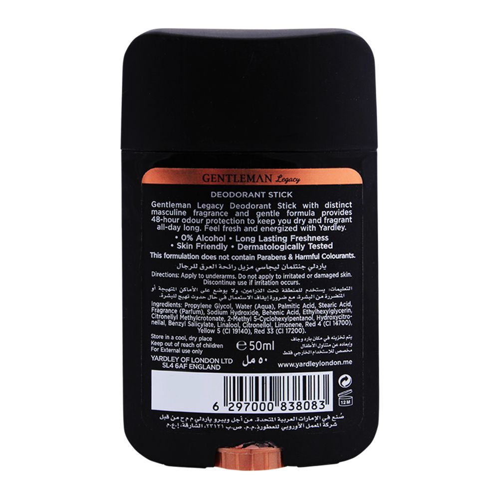 Yardley Gentleman Legacy Deodorant Stick 50ml - Long Lasting Fresh Masculine Fragrance Antiperspirant for Men
