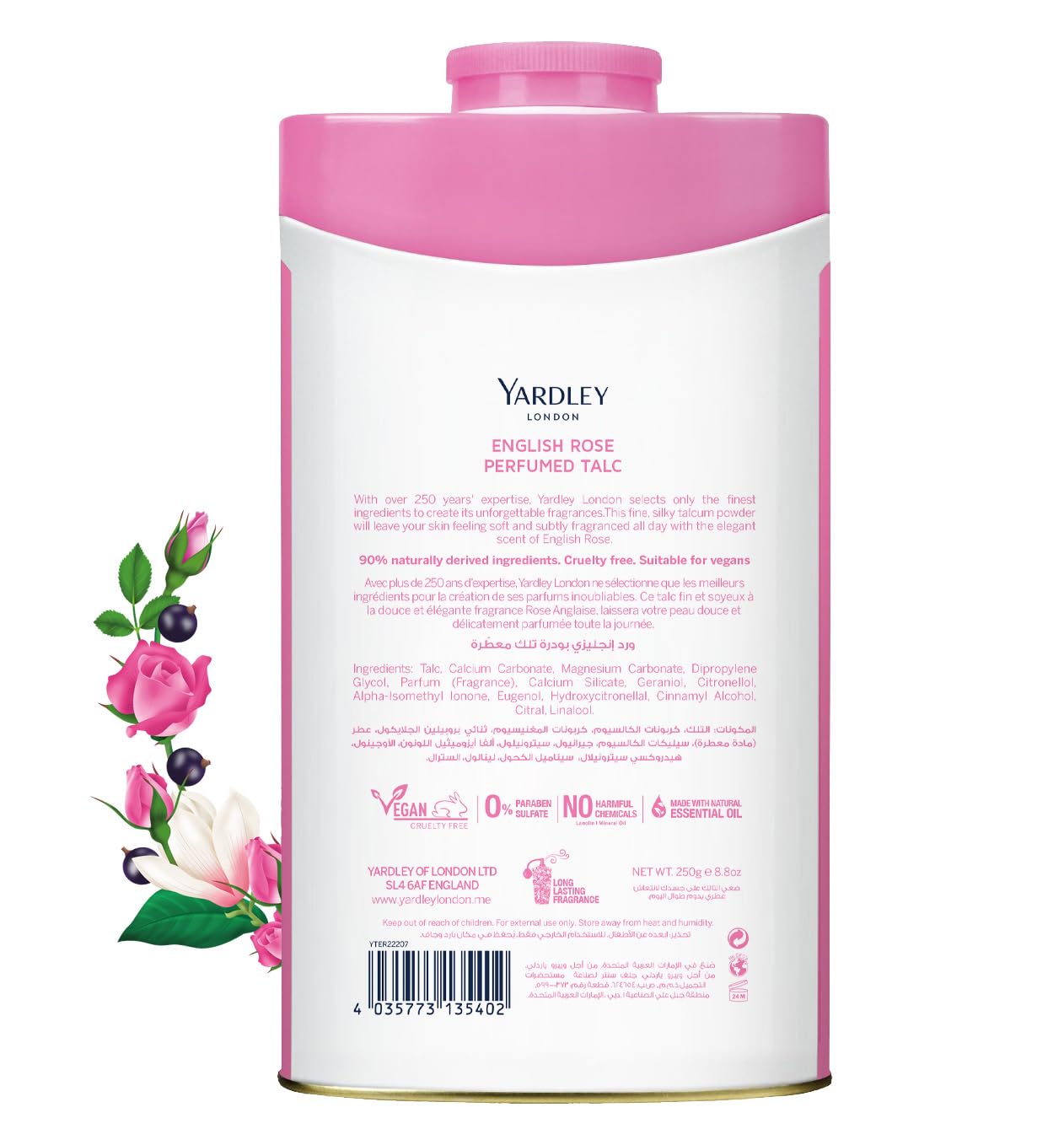 Yardley London English Rose Perfumed Talcum Powder 125g - Luxury Floral Rose Fragrance Body Talc for Long Lasting Freshness, 
