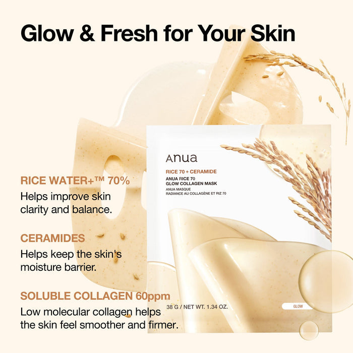 Anua Rice 70+ Ceramide Glow Collagen Mask 38 g Brightening Nourishment & Skin Barrier Care (K Beauty)
