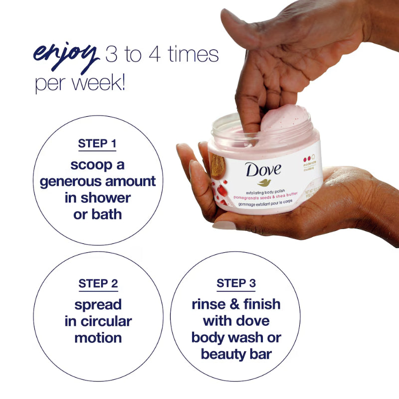 Dove Exfoliating Body Polish Pomegranate Seeds & Shea Butter 298g – Gommage Exfoliant Pour Le Corps for Smooth Soft Skin