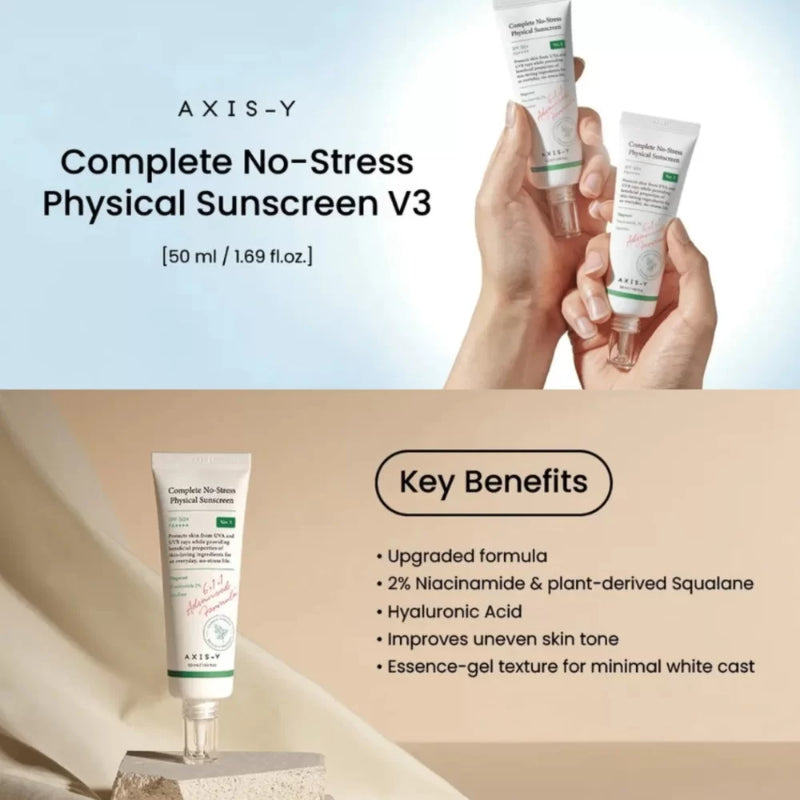 AXIS-Y Complete No Stress Physical Sunscreen 50 ml Broad-Spectrum SPF Protection & Gentle Care (K Beauty)