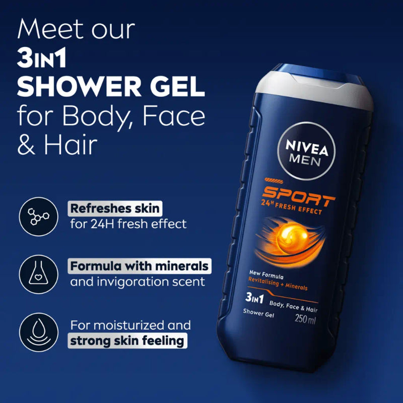 Nivea Men Men Sport 3in1 Body Face & Hair Shower Gel 250ml - Refreshing 3in1 Body Wash with Minerals for Deep Cleansing, Oil 
