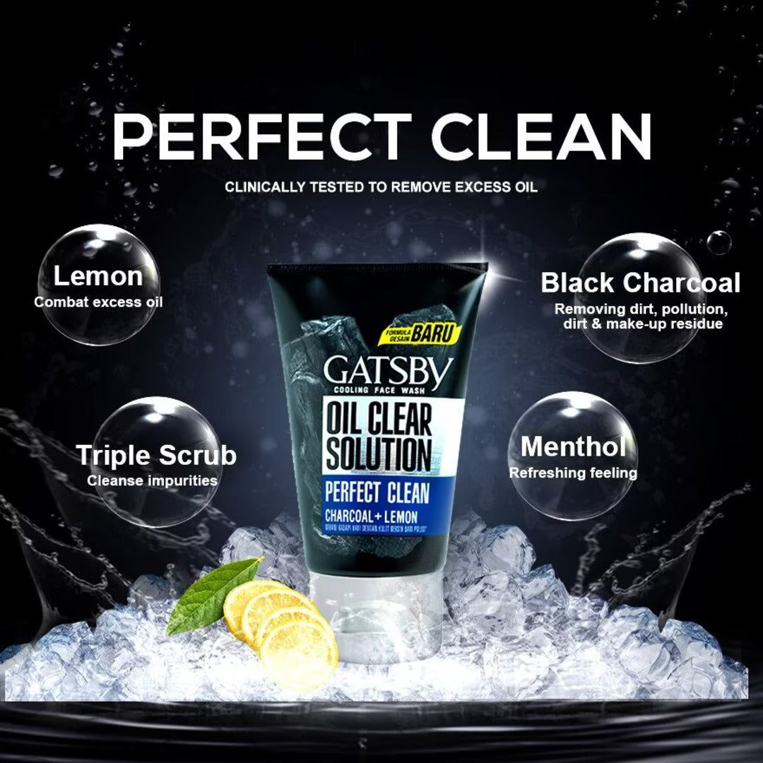 Gatsby Oil Clear Solution Perfect Clean Charcoal + Lemon Cooling Face Wash 100g - Deep Cleansing Oil Control Charcoal Face Wa