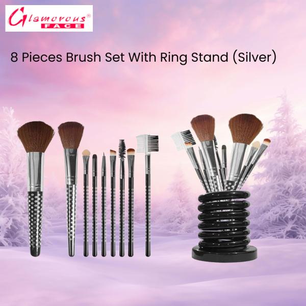 Glamorous Face 8 Pieces Brush Set With Ring Stand (Silver)