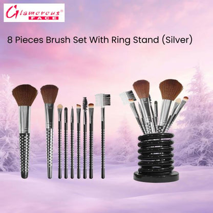 Glamorous Face 8 Pieces Brush Set With Ring Stand (Silver)
