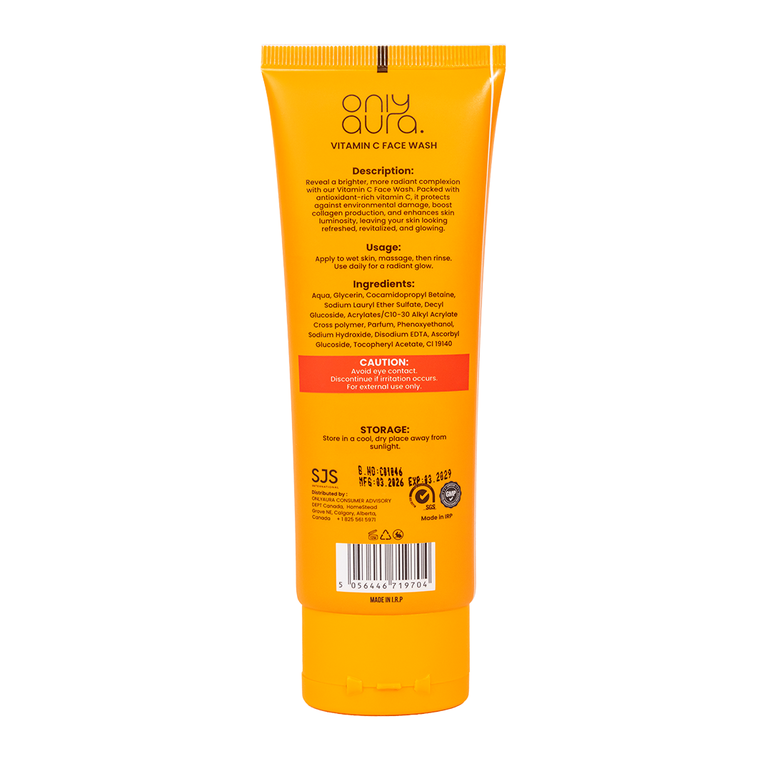 Only Aura Vitamin C Face Wash 100ml - Deep Cleansing Skincare Face Wash for Brightening Glow, Dirt Removal, Oil Control & Fre