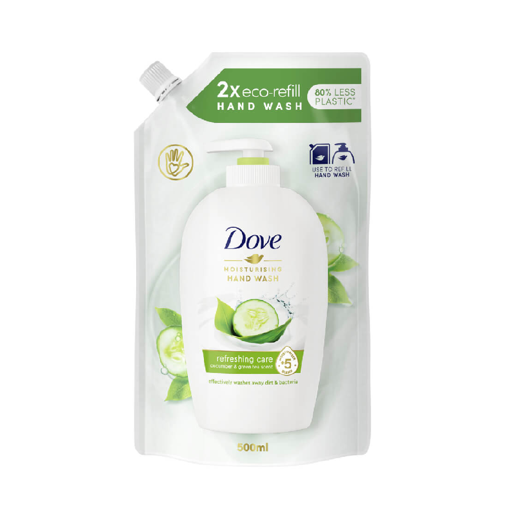 Dove 2X Eco Refill Moisturising Hand Wash Refreshing Care Cucumber & Green Tea Scent 500ml - Gentle Cleansing for Soft, Fresh
