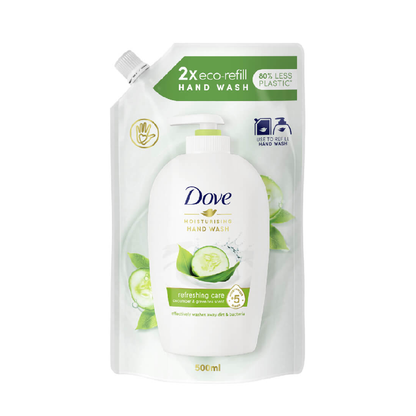 Dove 2X Eco Refill Moisturising Hand Wash Refreshing Care Cucumber & Green Tea Scent 500ml - Gentle Cleansing for Soft, Fresh