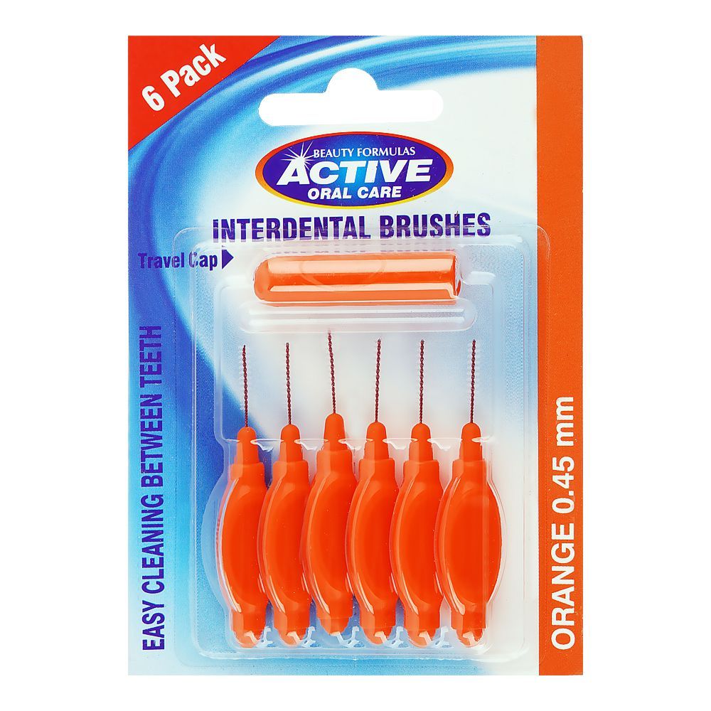 Beauty Formulas Interdental Brush with Travel Cap, 0.45 mm Orange 6 pack