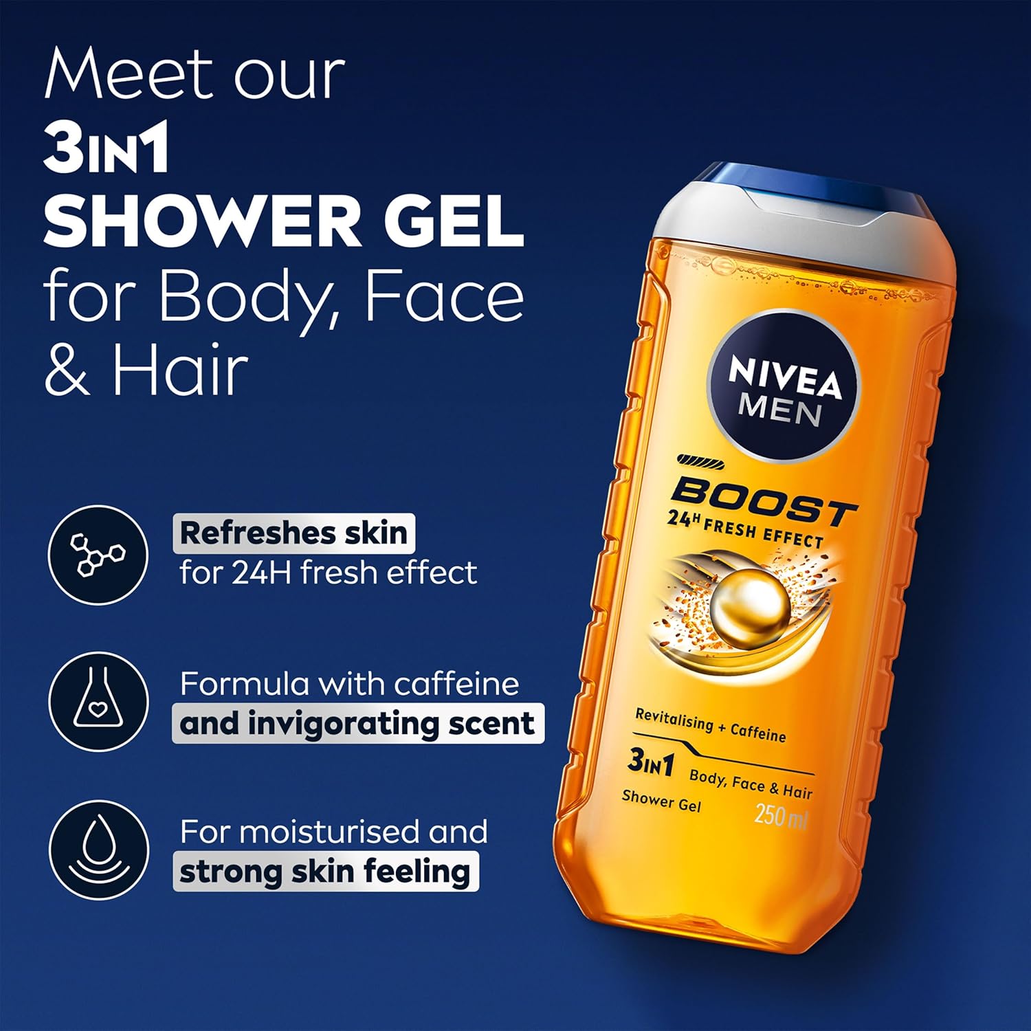 Nivea Men Boost 24H Fresh Effect 3-In-1 Shower Gel For Body, Face & Hair 250ml