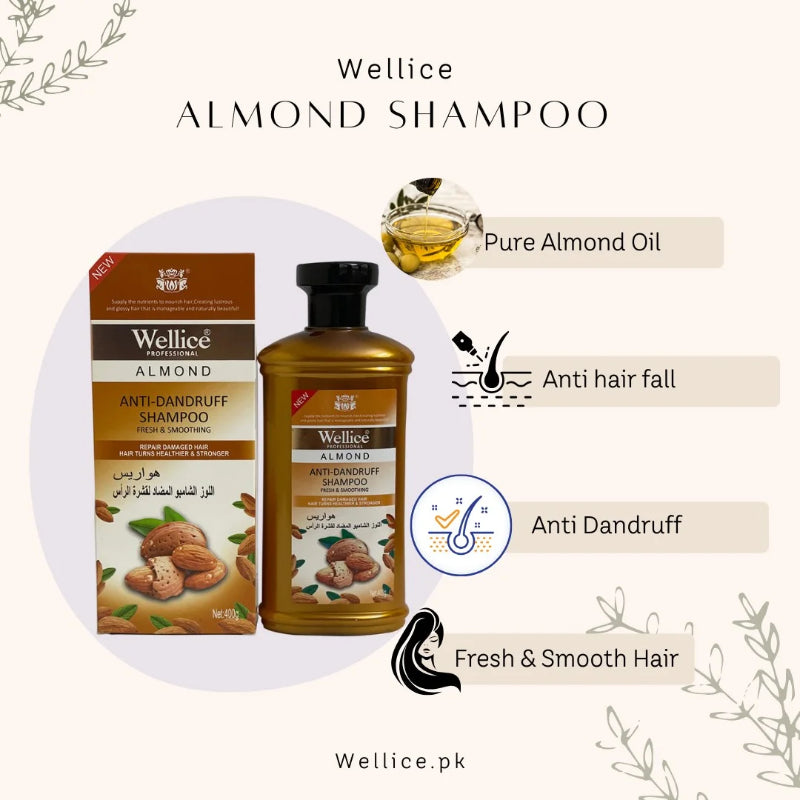 Wellice Almond Anti Dandruff Shampoo Fresh & Smoothing 400g - Nourishing Hair Cleanser for Flake Free, Soft & Shiny Hair