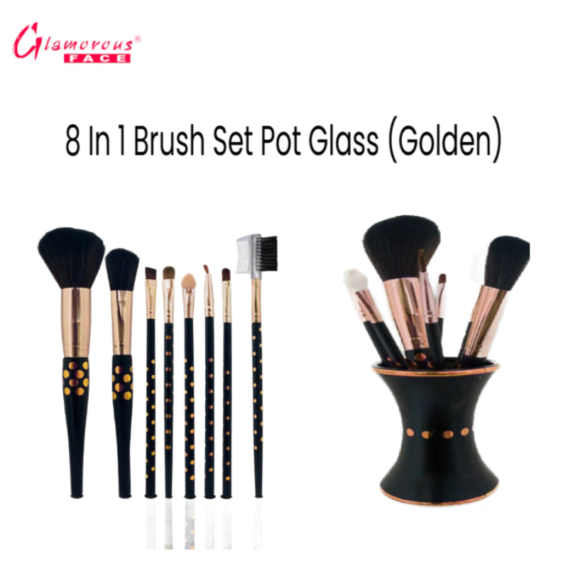 Glamorous Face 8 in 1 Brush Sets Pot Glass (Golden)