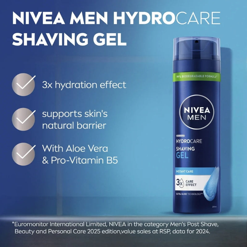 Nivea Men Hydro Care Shaving Gel 200ml - Instant Care 3X Protection Smooth Glide & Skin Hydration