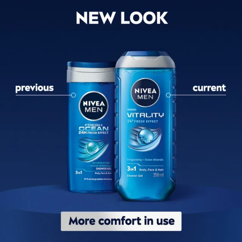 Nivea Men Vitality 24H Fresh Effect 3 in 1 Body, Face & Hair Shower Gel 250ml – Energizing All-in-One Cleanser for Men