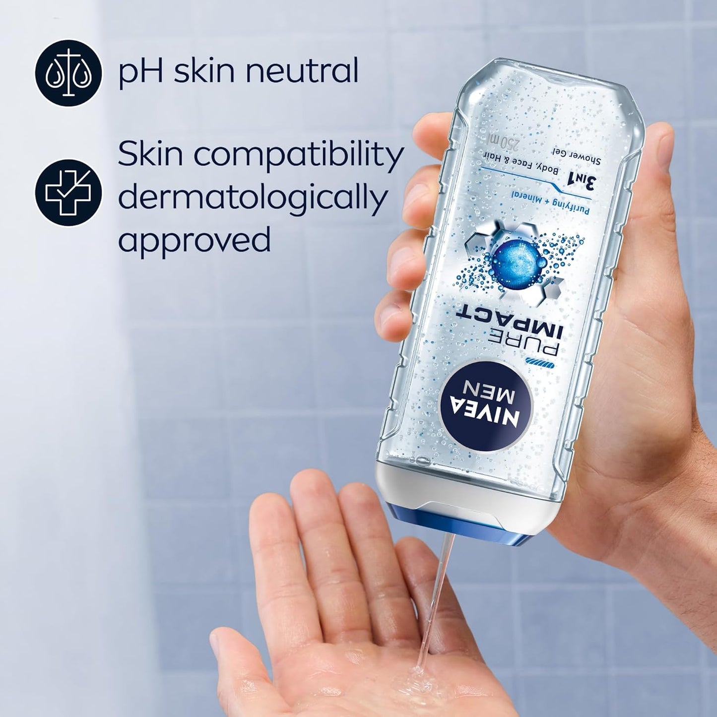 Nivea Men Pure Impact 3 in 1 Body, Face & Hair Shower Gel 250ml - All-in-One Deep Cleansing Wash for Men
