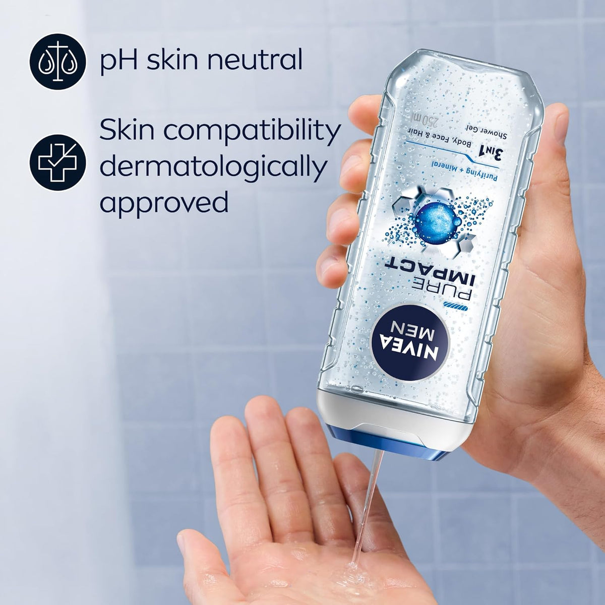 Nivea Men Pure Impact 3 in 1 Body, Face & Hair Shower Gel 250ml - All-in-One Deep Cleansing Wash for Men