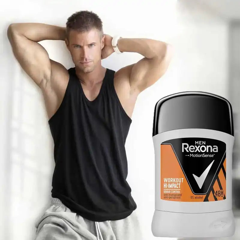 Rexona Men Antiperspirant Deodorant Stick 48 hour sweat & odor protection HI-Impact Workout with Motion Sense 40g