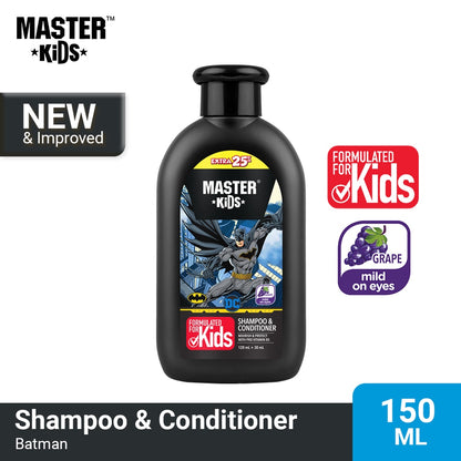 Master Kids Batman Shampoo & Conditioner 150ml - Gentle Kids Hair Care 2-in-1 Formula for Soft Smooth Hair, Tear-Free Cleansi