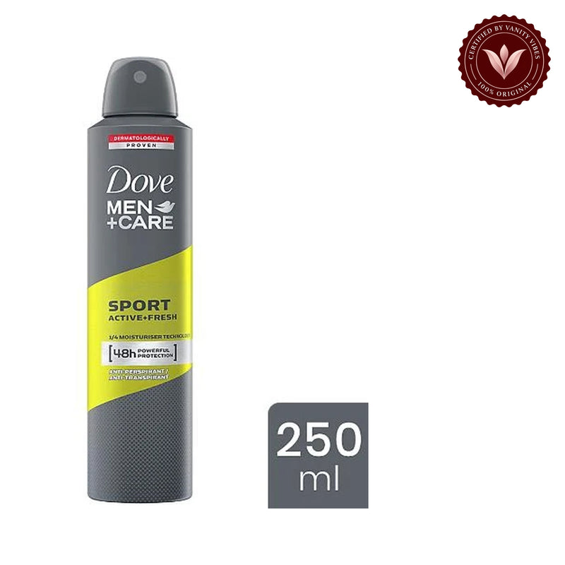 Dove Men+Care Sport Active+Fresh Anti-Perspirant Deodorant Spray for Men 250ml — front view, white background