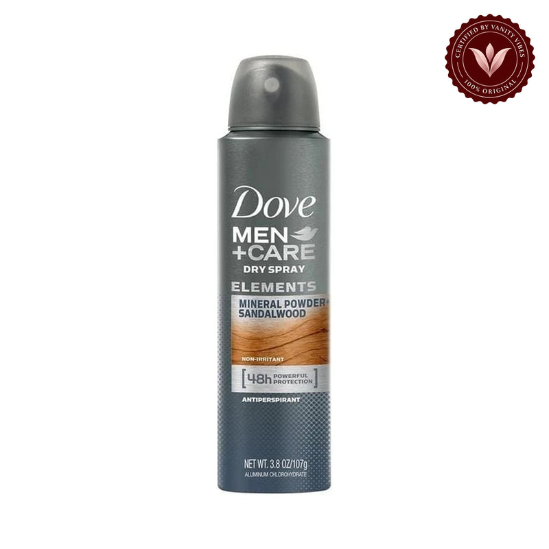 Dove Men+Care Elements Mineral Powder+Sandalwood Bodyspary 250ml — front view, white background