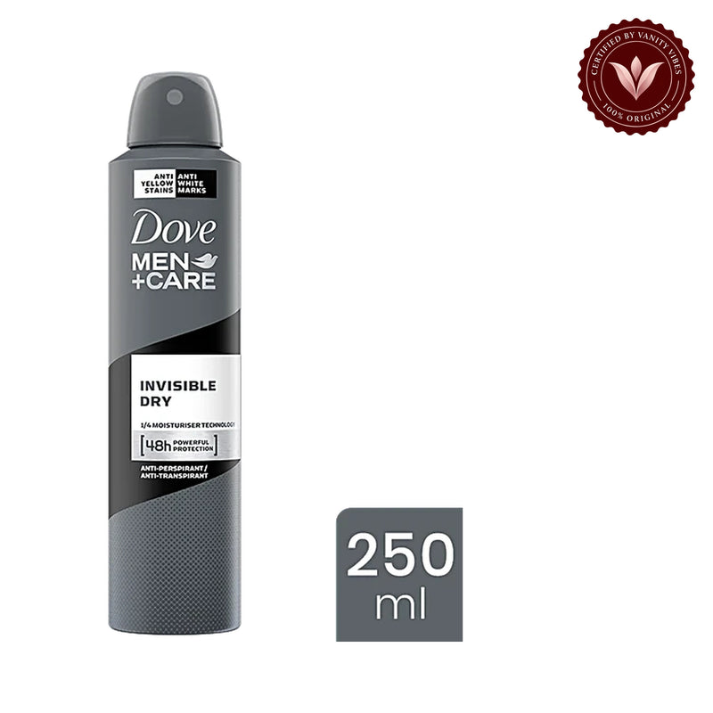 Dove Men+Care Invisible Dry Anti-Perspirant Deodorant Spray for Men 250ml — front view, white background