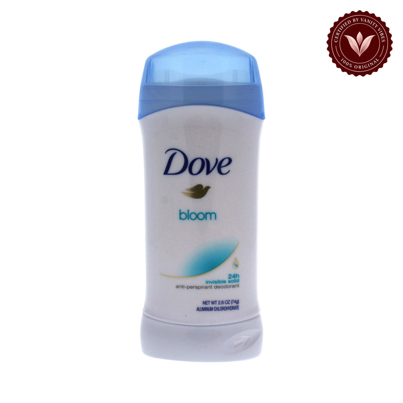 Dove Bloom 24H Invisible Solid Antiperspirant Deodorant Stick 74g — front view, white background