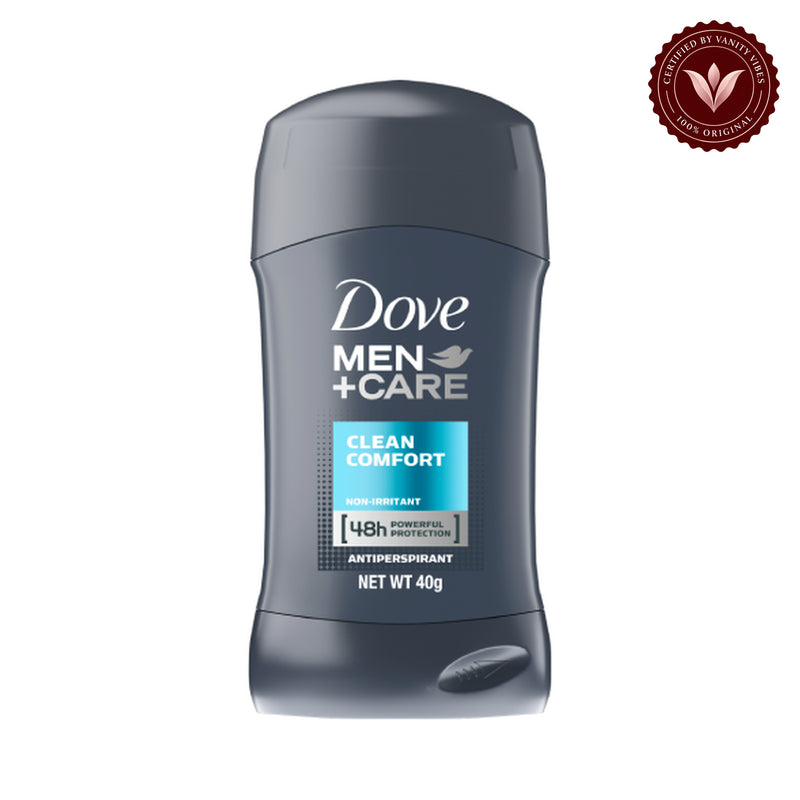 Dove Men+Care 48H Clean Comfort Antiperspirant Deodorant Stick 40g — front view, white background