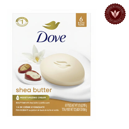 Dove Shea Butter Moisturizing Cream Beauty Bar With Shea Butter & Vanilla Extract 106g (Pack Of 6 Soap Bars) — front view, white background