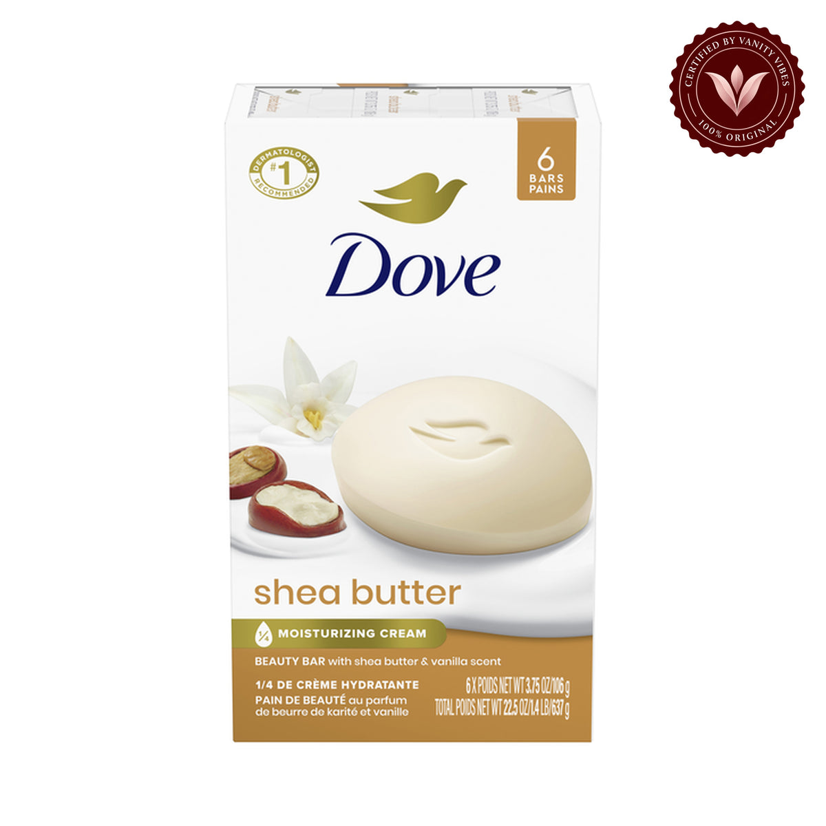 Dove Shea Butter Moisturizing Cream Beauty Bar With Shea Butter & Vanilla Extract 106g (Pack Of 6 Soap Bars) — alternate view, white background