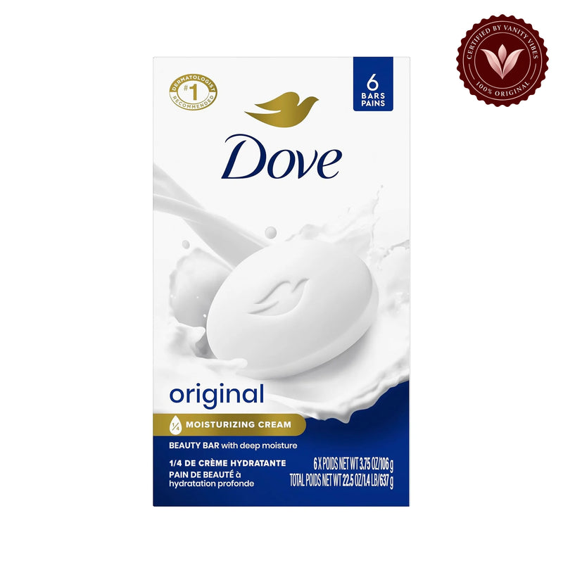 Dove Original Moisturizing Cream Beauty Bar With Deep Moisture 106g (Pack of 6 Soap Bars) — front view, white background