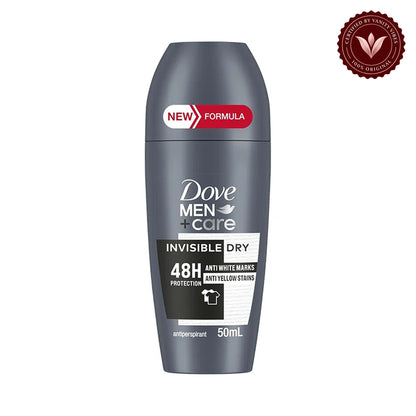 Dove Men+Care Invisible Dry Anti white marks & Anti yellow stains 48H protection Antiperspirant Deodorant roll on 50ml — front view, white background