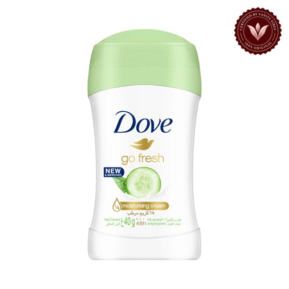 Dove Go Fresh Cucumber & Green Tea New & Improved 1/4 Moisturizing Cream 48H Anti-Perspirant Deodorant Stick 40g — front view, white background