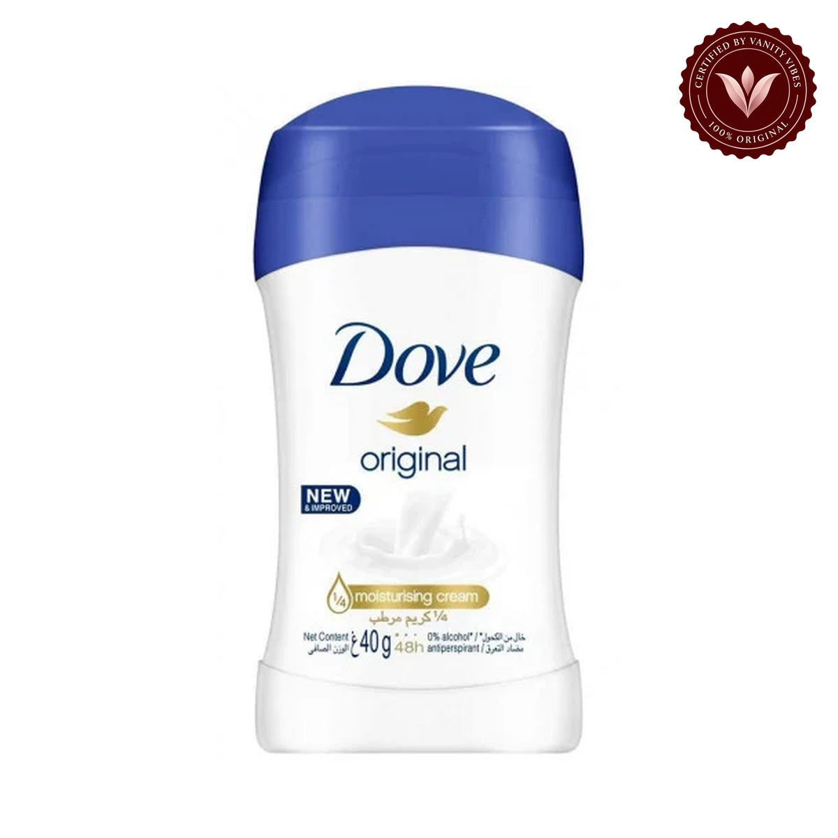 Dove Original New & Improved 1/4 Moisturizing Cream 48H Anti-Perspirant Deodorant Stick 40g — front view, white background