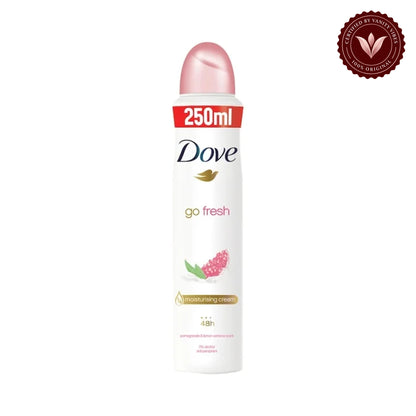 Dove Go Fresh Pomegranate & Lemon 48H Deodorant Spray for Women 250 ml 0% Alcohol Refreshing Scent & Long-Lasting Protection — alternate view, white background