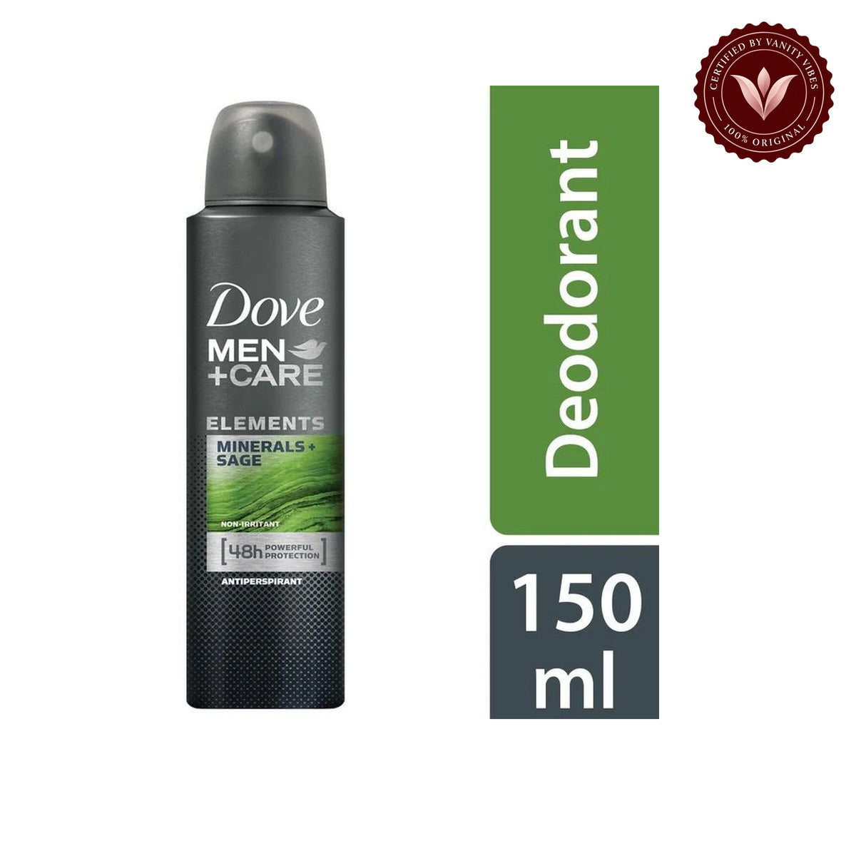 Dove Men + Care Elements Minerals & Sage antiperspirant deodorant spray with 48-hour protection for Men 150ml — front view, white background