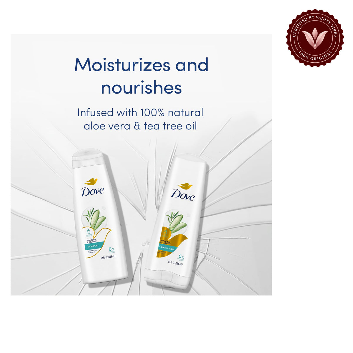 Dove Nourish & Clarifying Conditioner Aloe Vera & Tea Tree Oil 355ml — alternate view, white background