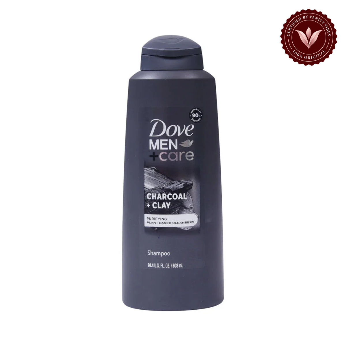 Dove Men+Care Charcoal + Clay Shampoo 603ml Deep Cleansing & Stronger Hair — front view, white background