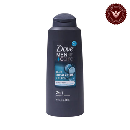 Dove Men+Care Blue Eucalyptus + Birch 2-in-1 Shampoo & Conditioner 603ml Refreshing Clean & Stronger Hair — alternate view, white background