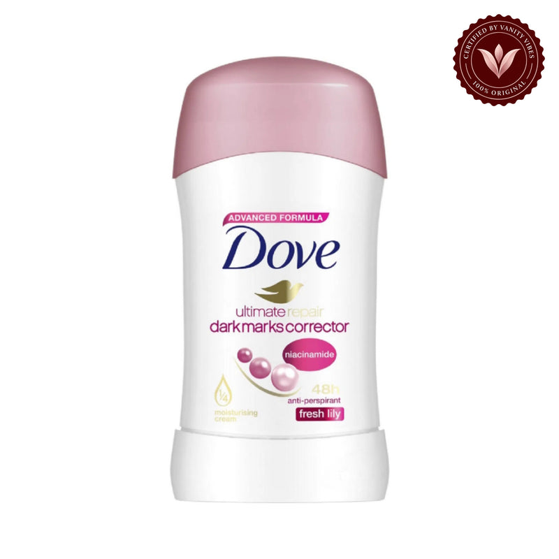 Dove Advanced Formula Ultimate Repair Dark Marks Corrector Niacinamide Fresh Lily 48H Anti-Perspirant Deodorant Stick 40g — front view, white background