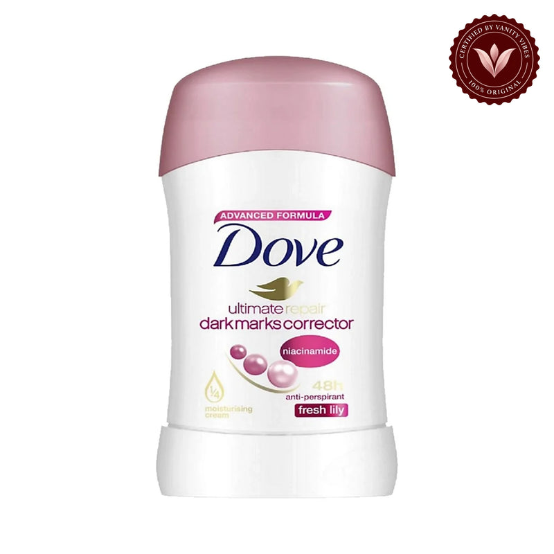 Dove Advanced Formula Ultimate Repair Dark Marks Corrector Niacinamide Fresh Lily 48H Anti-Perspirant Deodorant Stick 40g — alternate view, white background
