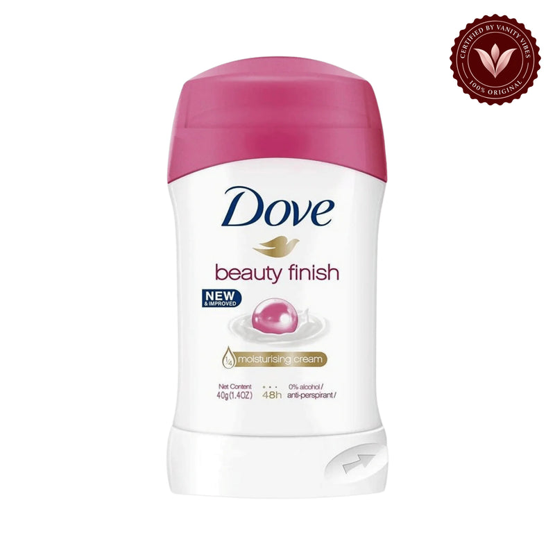 Dove Beauty Finish New & Improved 1/4 Moisturizing Cream 48H Anti-Perspirant Deodorant Stick 40g — front view, white background