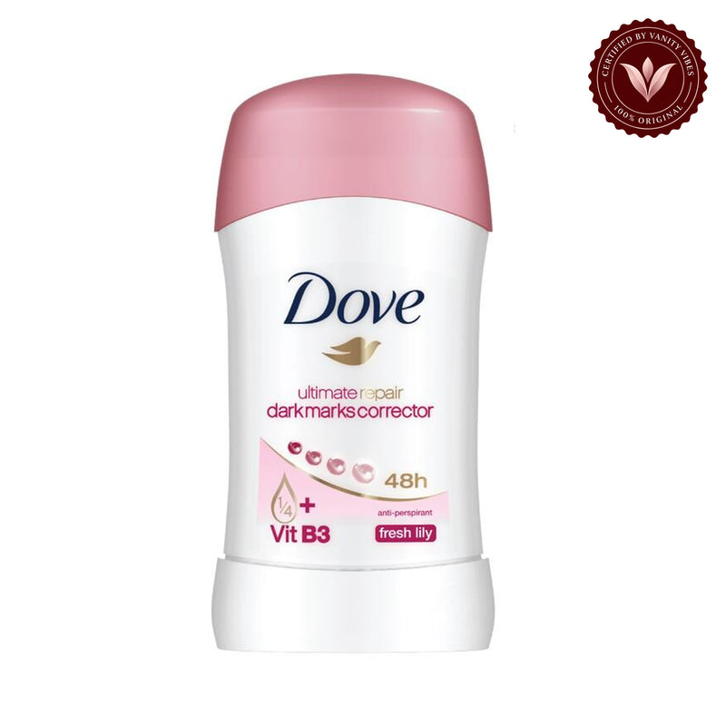 Dove Ultimate Repair Dark Marks Corrector Anti-Perspirant Deodorant Stick Fresh Lily 40g — front view, white background