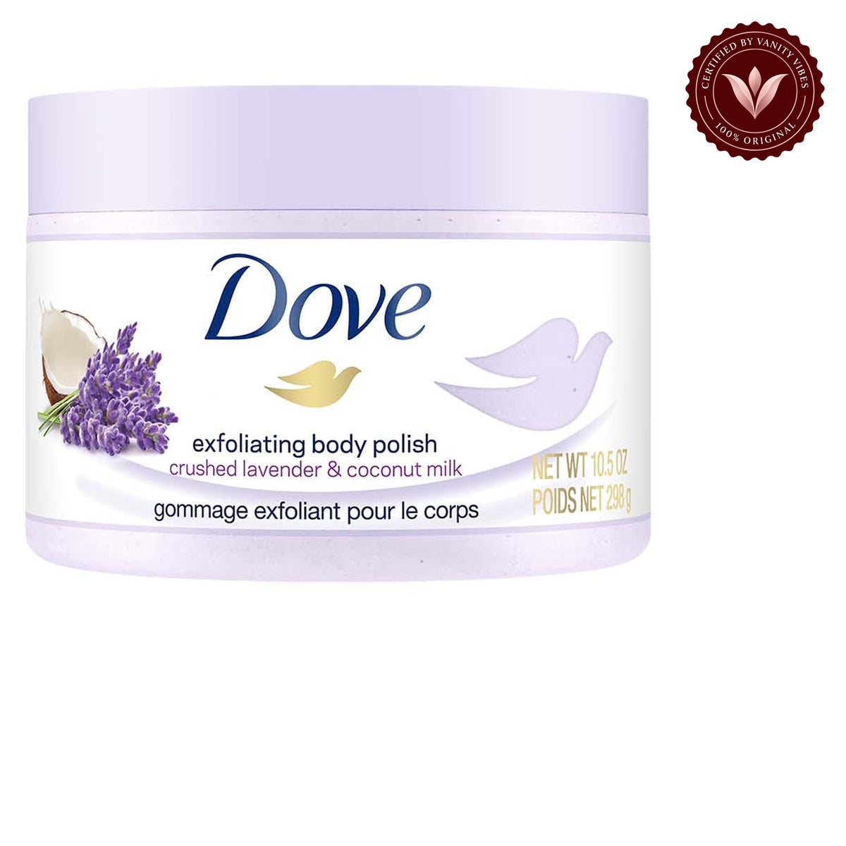 Dove Exfoliating Body Polish Crushed Lavender & Coconut Milk 298g - Gommage Exfoliant Pour Le Corps for Smooth Soft Skin — front view, white background