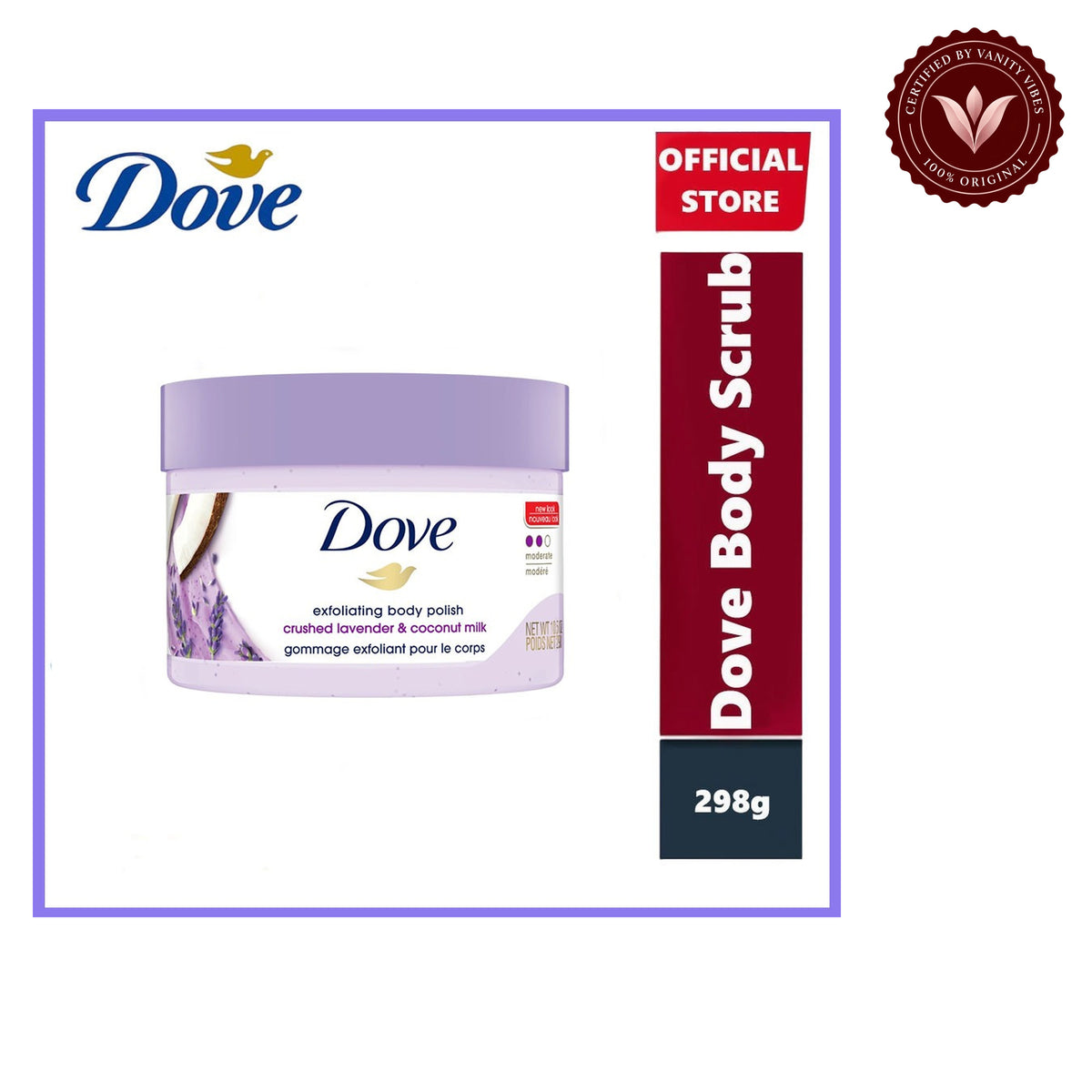 Dove Exfoliating Body Polish Crushed Lavender & Coconut Milk 298g - Gommage Exfoliant Pour Le Corps for Smooth Soft Skin — alternate view, white background