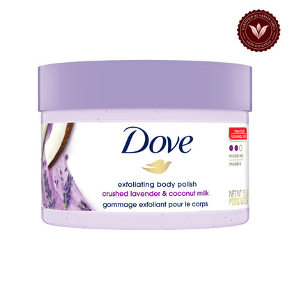 Dove Exfoliating Body Polish Crushed Lavender & Coconut Milk 298g — front product view, centered on white background